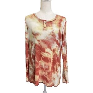 LOGO LAYERS By Lori GoldsteinTie-Dye Yellow Orange Mesh Long Sleeve Top Small